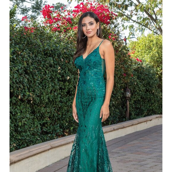 New Floral Applqiue Embellished Maxi Evening Mermaid Dress w/ V-Back DQ 4275 - Picture 6 of 8